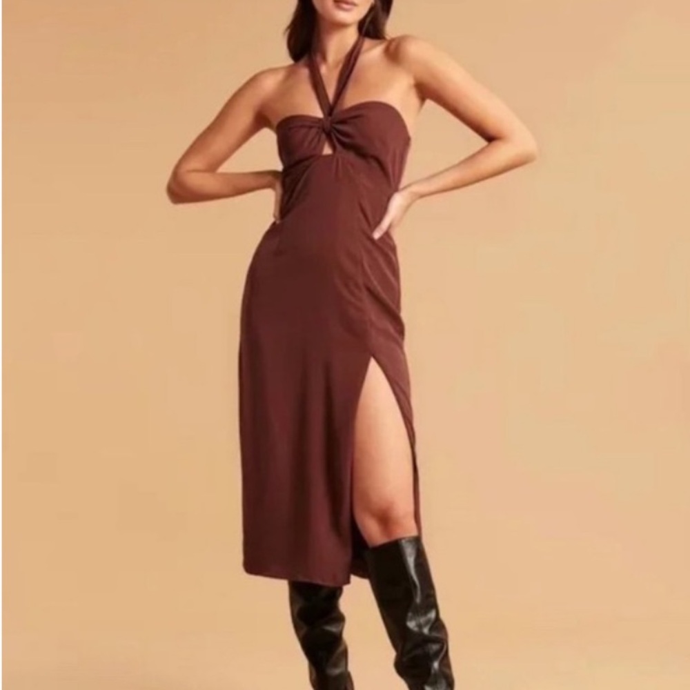 Abercrombie and Fitch Knot-Front Cutout Halter Midi Dress in Dark Brown